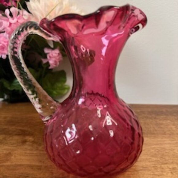 Vintage Cranberry Diamond Quilted Glass Pitcher Hand Blown Ruby Red Jug - Picture 1 of 4